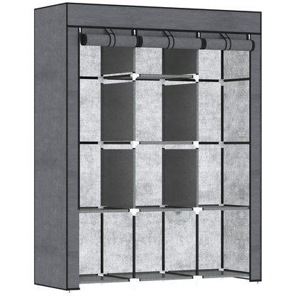 Fabric Portable Wardrobe with 8 Shelves 2 Hanging Rails, Grey