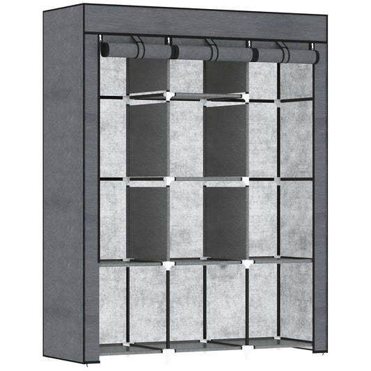 Fabric Portable Wardrobe with 8 Shelves 2 Hanging Rails, Grey