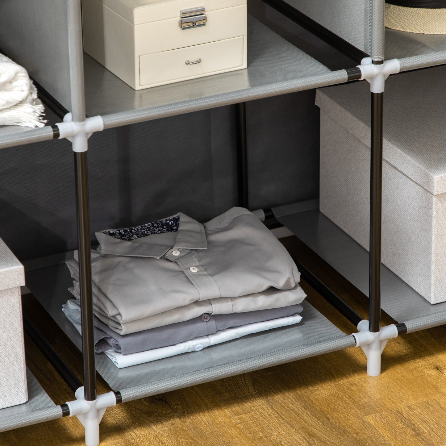 Fabric Portable Wardrobe with 8 Shelves 2 Hanging Rails, Grey