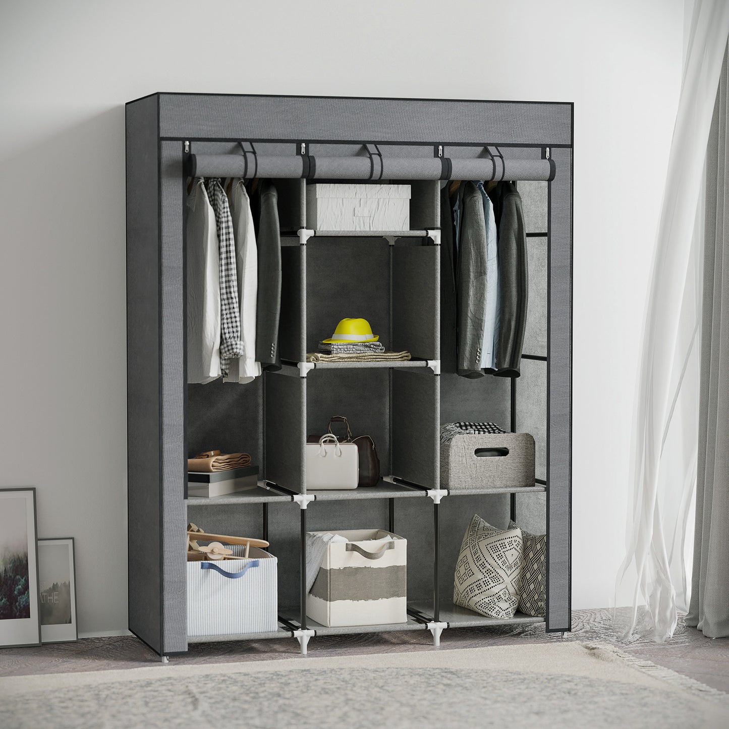 Fabric Portable Wardrobe with 8 Shelves 2 Hanging Rails, Grey