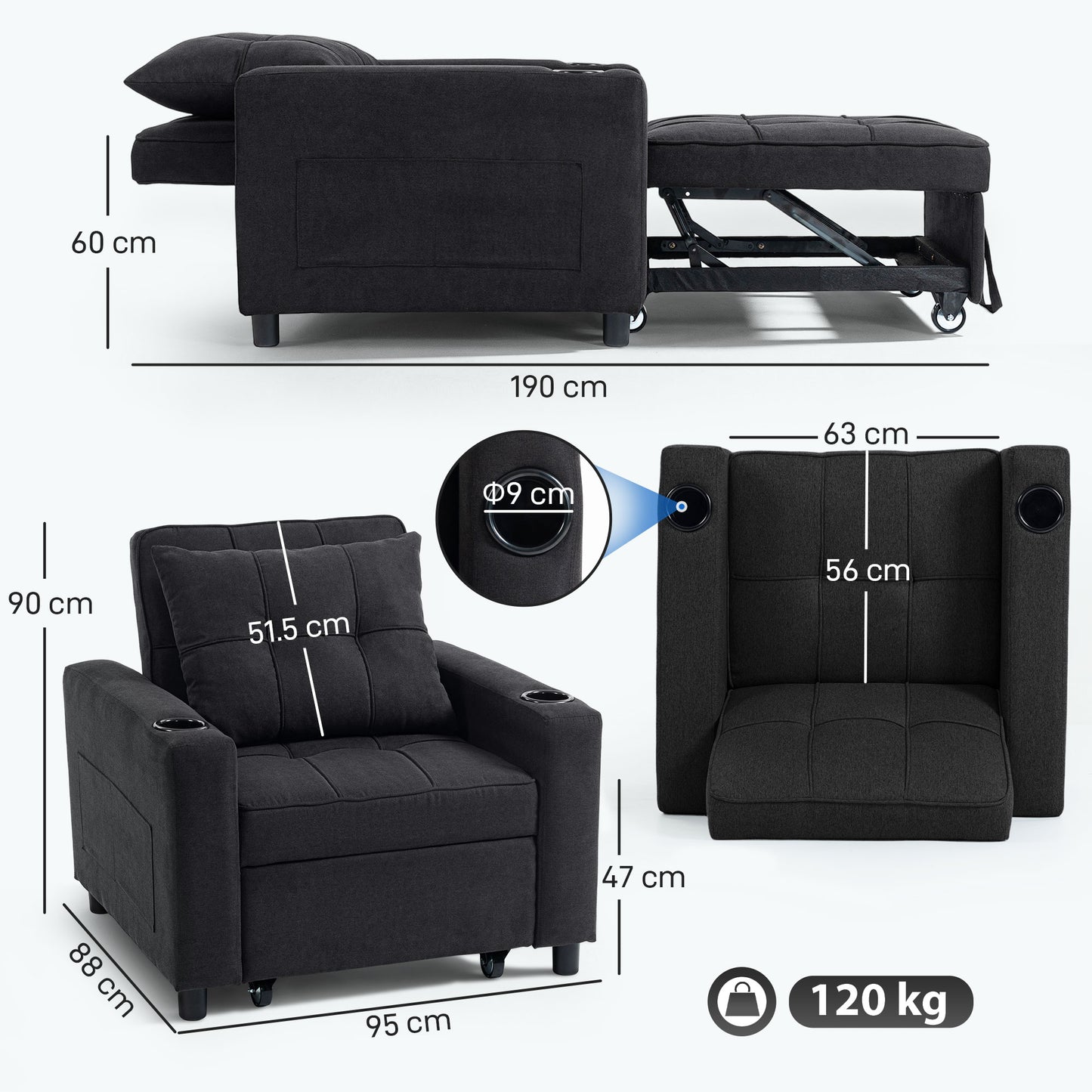 3-in-1 Sofa Bed, Convertible Sleeper Chair with Adjustable Backrest