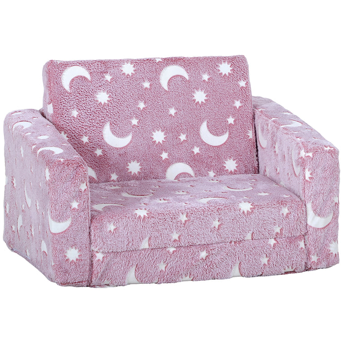 2 in 1 Kids Chair Bed Foldable with Glow in The Dark Stars Moon Design, Pink