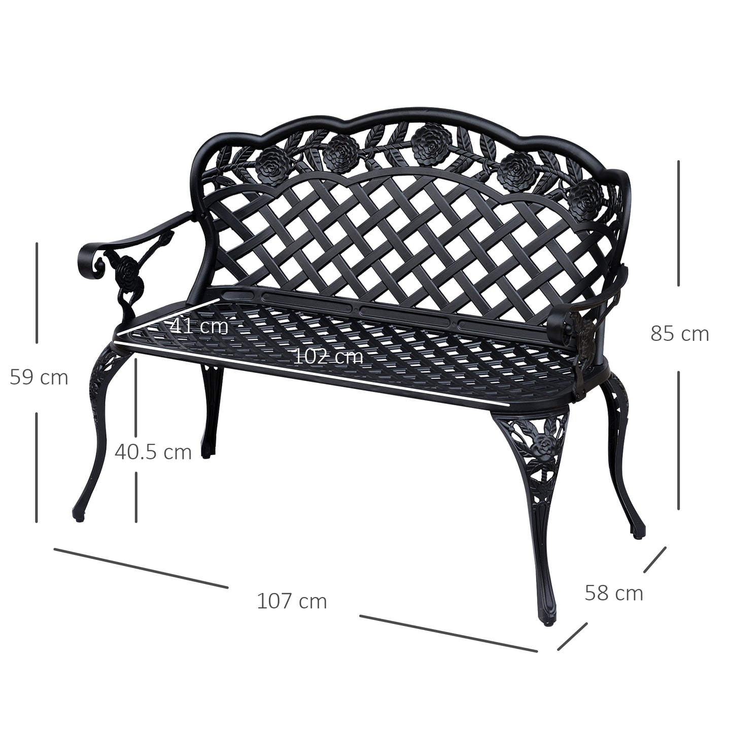 Garden Bench Park Chair Cast Aluminium Outdoor 2-seater Outdoor Black