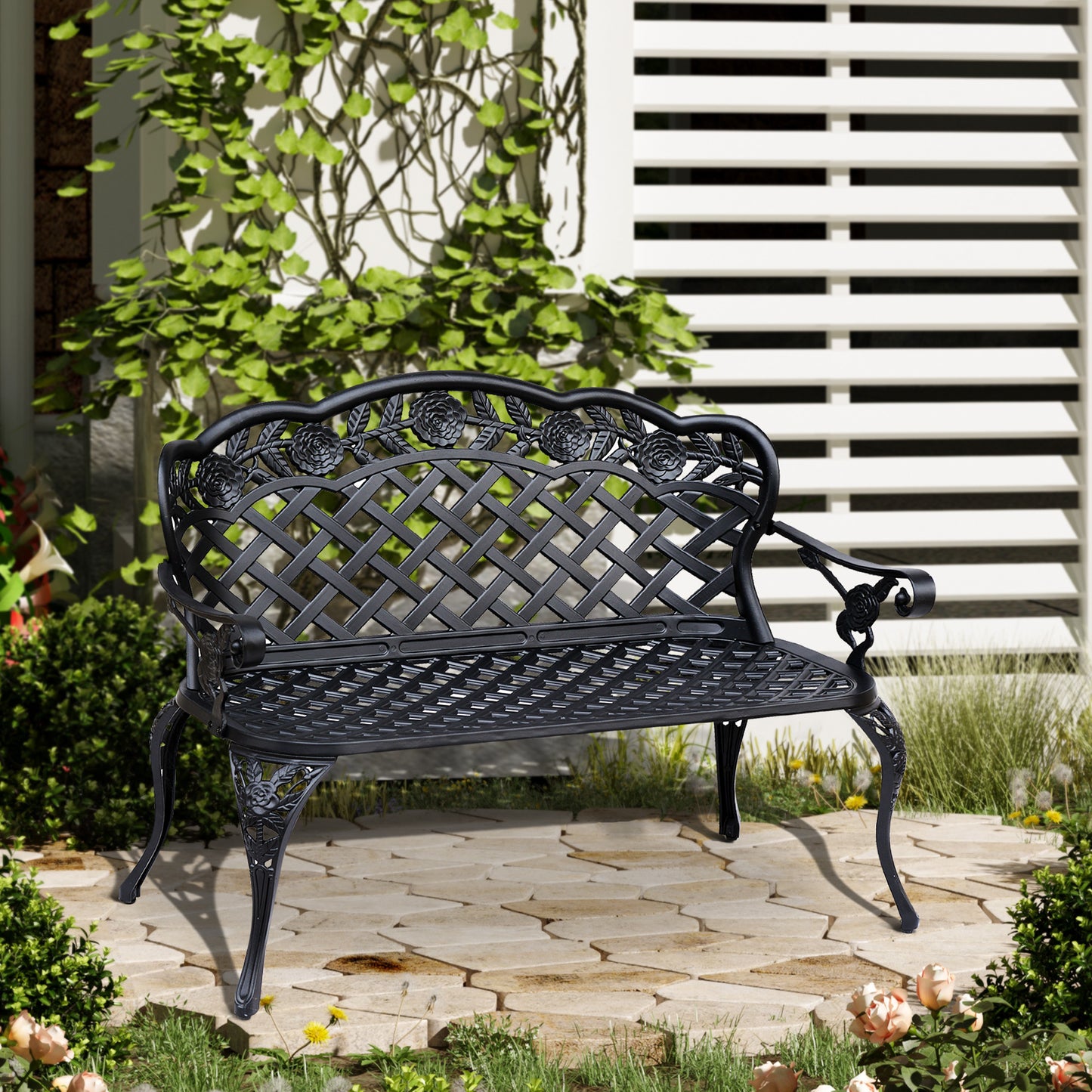 Garden Bench Park Chair Cast Aluminium Outdoor 2-seater Outdoor Black