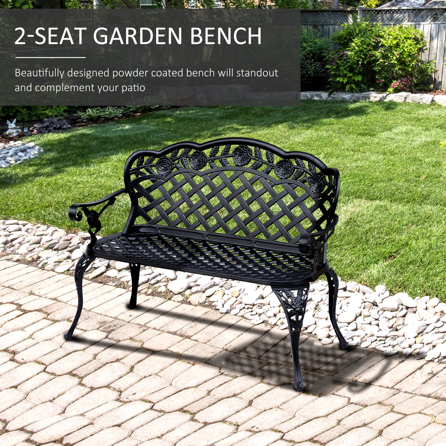 Garden Bench Park Chair Cast Aluminium Outdoor 2-seater Outdoor Black