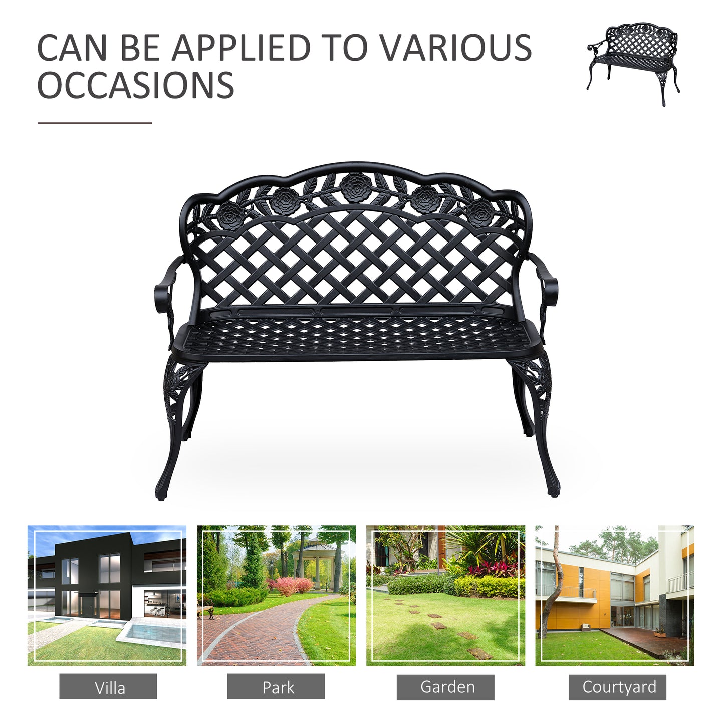 Garden Bench Park Chair Cast Aluminium Outdoor 2-seater Outdoor Black
