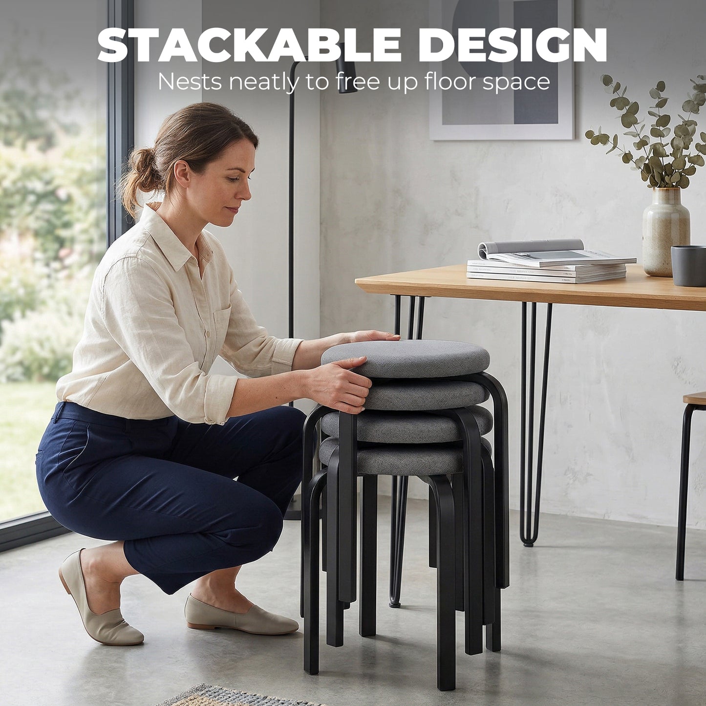 Stackable Stools Set of 4, Modern Cushioned Stacking Chairs, Round Backless Stools for Kitchen, Dining Room, Living Room, Dark Grey