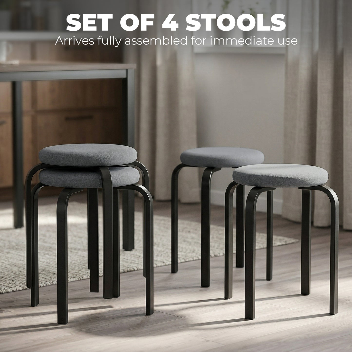 Stackable Stools Set of 4, Modern Cushioned Stacking Chairs, Round Backless Stools for Kitchen, Dining Room, Living Room, Dark Grey