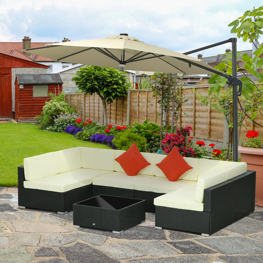 7 Pieces PE Rattan Garden Furniture Set w/ Thick Padded Cushion, Patio Garden Corner Sofa Sets w/ Glass Coffee Table and Pillows