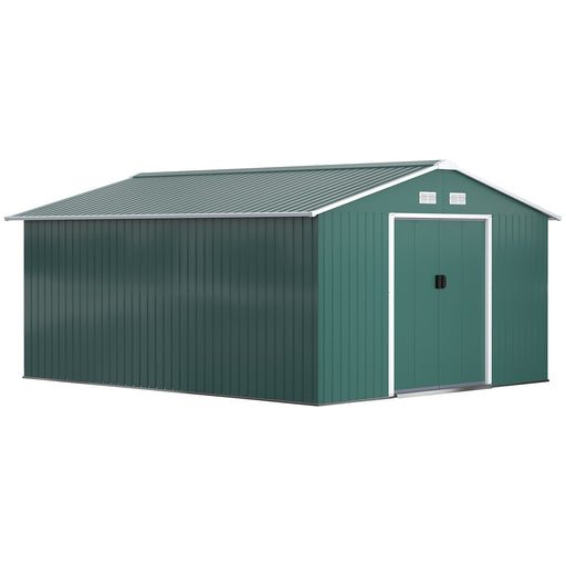 13 x 11 ft Metal Garden Shed Large Patio Roofed Tool Storage Box with Ventilation and Sliding Door, Deep Green