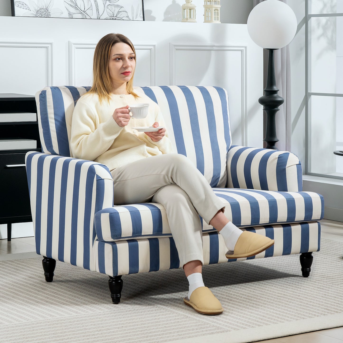 Cuddle Chair with Stripe, Armchair for Living Room, Blue and White
