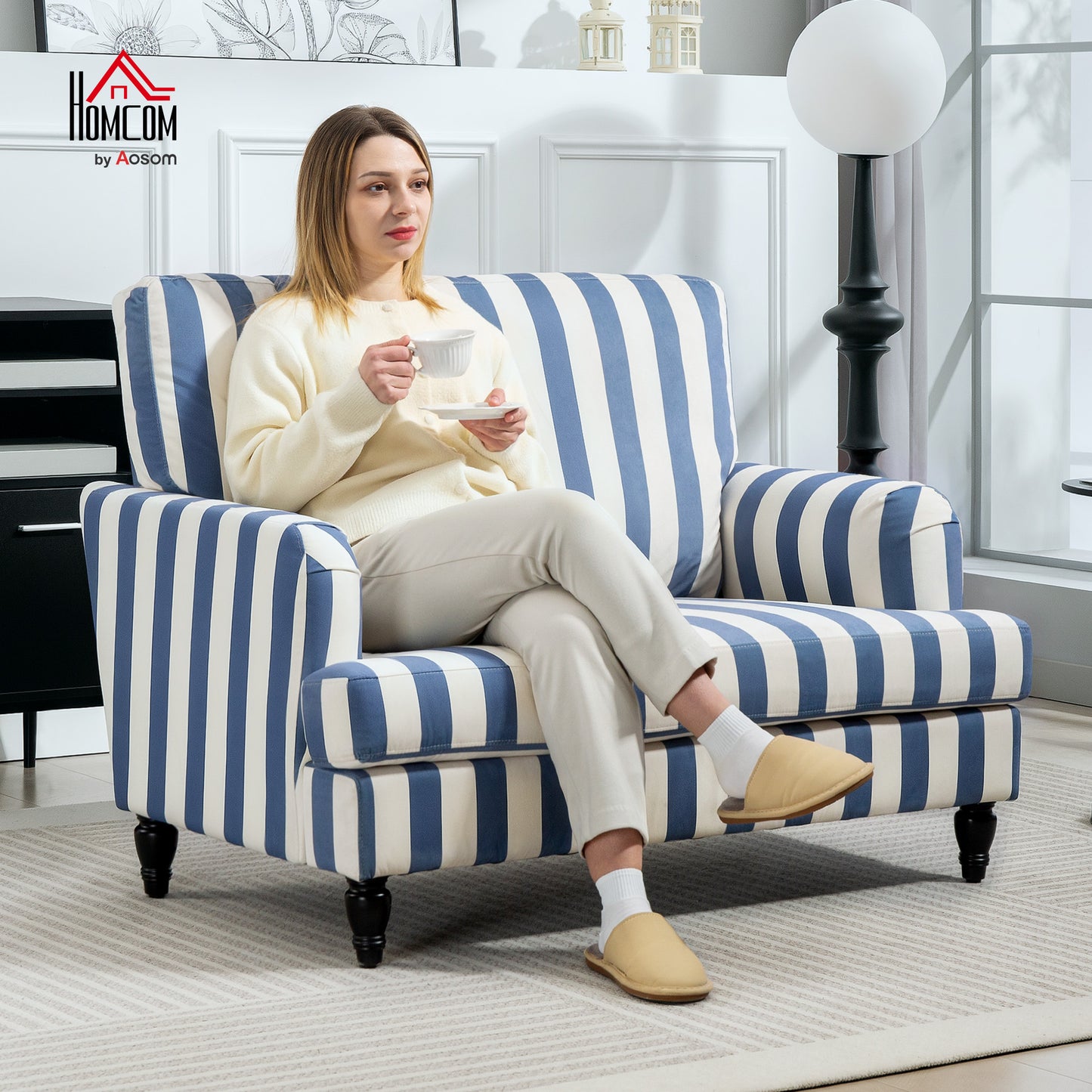 Cuddle Chair with Stripe, Armchair for Living Room, Blue and White