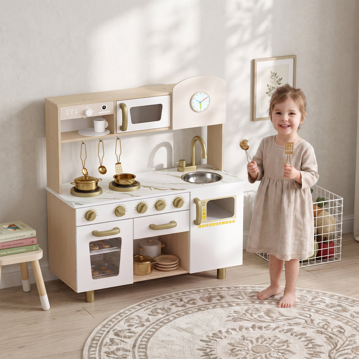 Kids Kitchen Playset with Rotating Coffee Machine for 3-6 Y, White