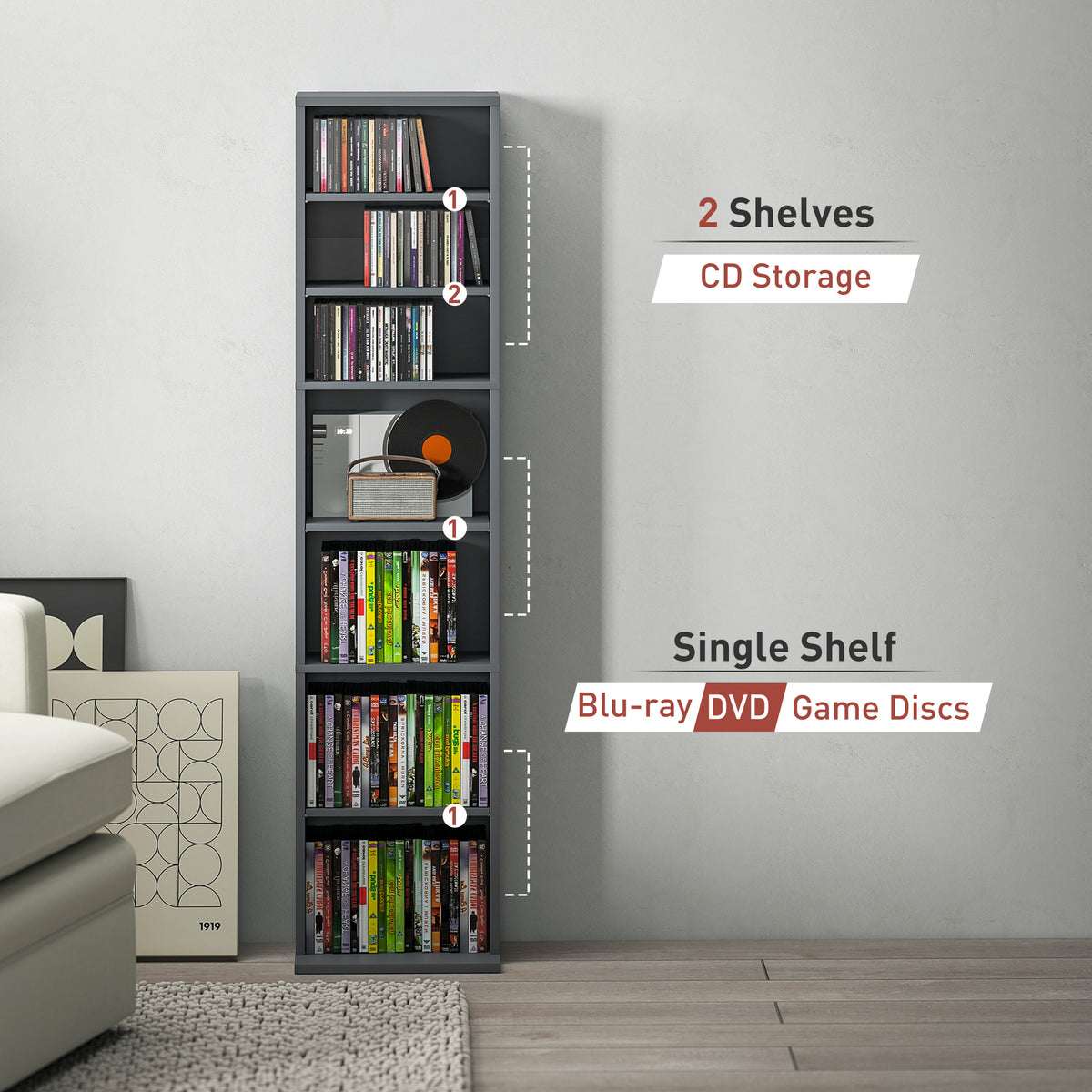 260 CD Storage Unit 120 DVD Storage Tower with 9 Compartments Grey