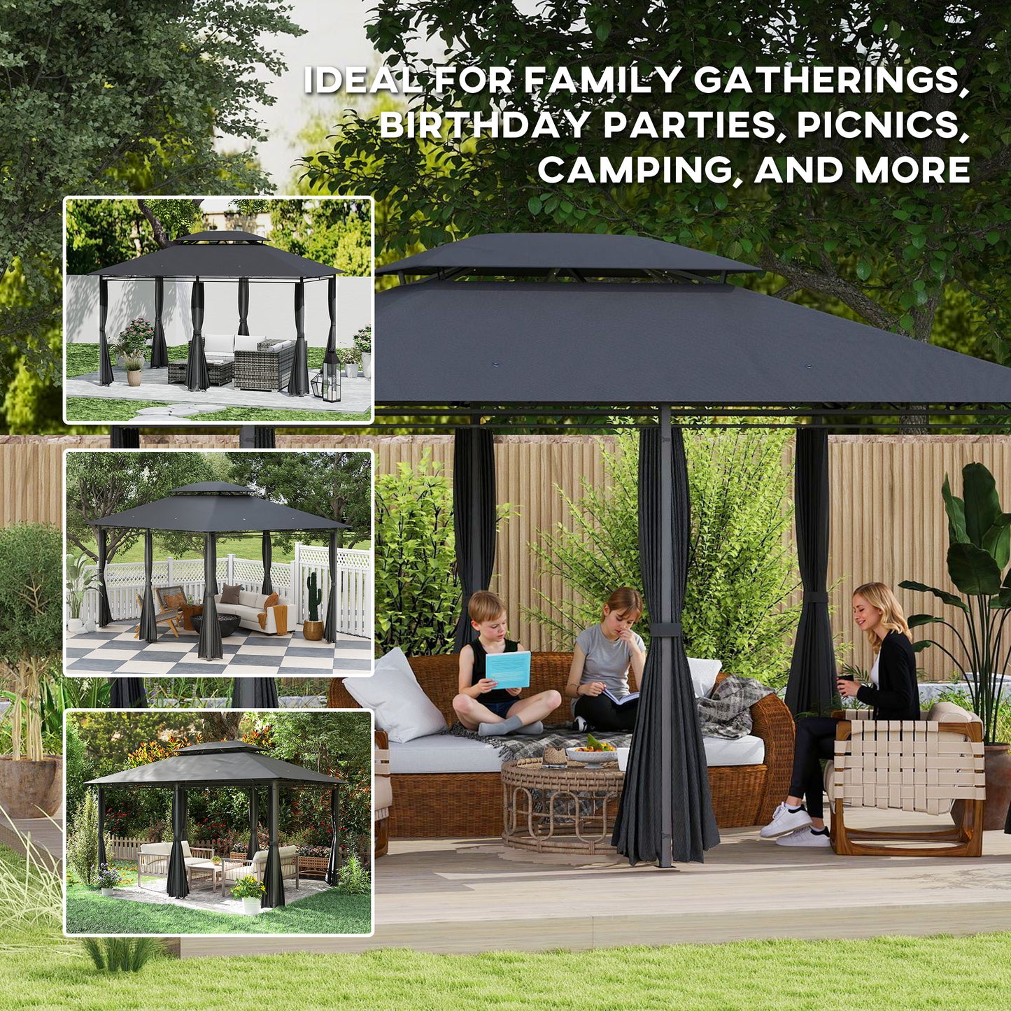 4m x 3(m) Outdoor 2-Tier Steel Frame Gazebo w/ Curtains Outdoor Garden