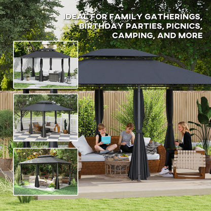 4m x 3(m) Outdoor 2-Tier Steel Frame Gazebo w/ Curtains Outdoor Garden