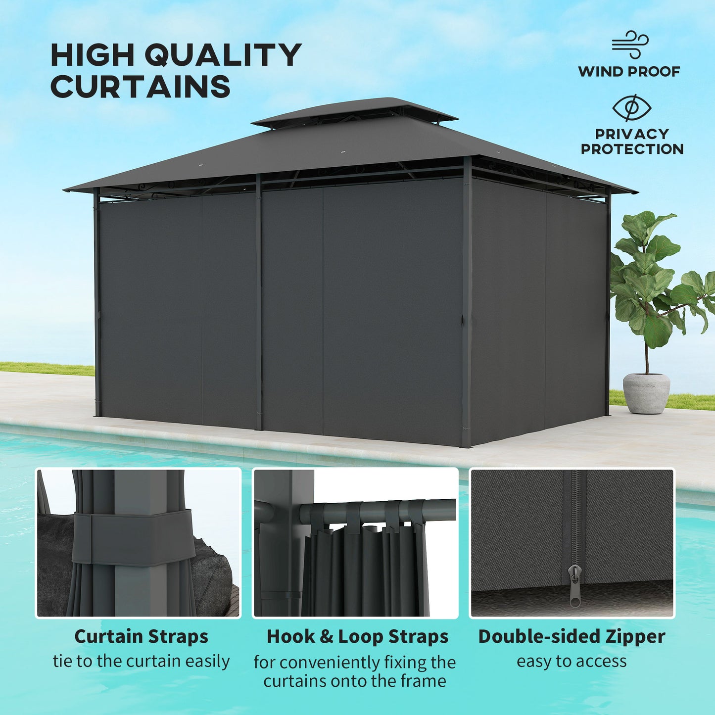 4m x 3(m) Outdoor 2-Tier Steel Frame Gazebo w/ Curtains Outdoor Garden