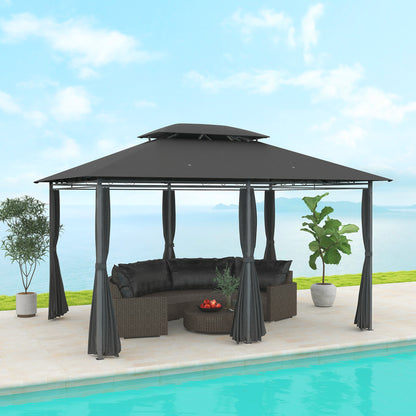 4m x 3(m) Outdoor 2-Tier Steel Frame Gazebo w/ Curtains Outdoor Garden