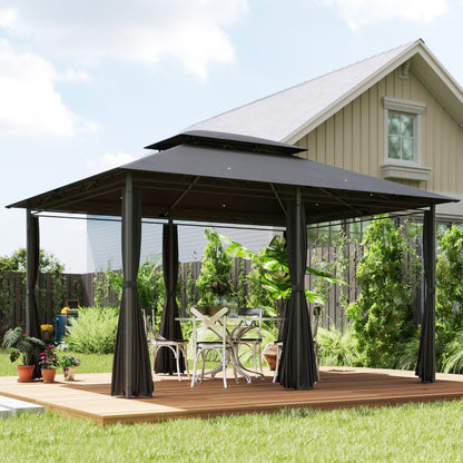 4m x 3(m) Outdoor 2-Tier Steel Frame Gazebo w/ Curtains Outdoor Garden