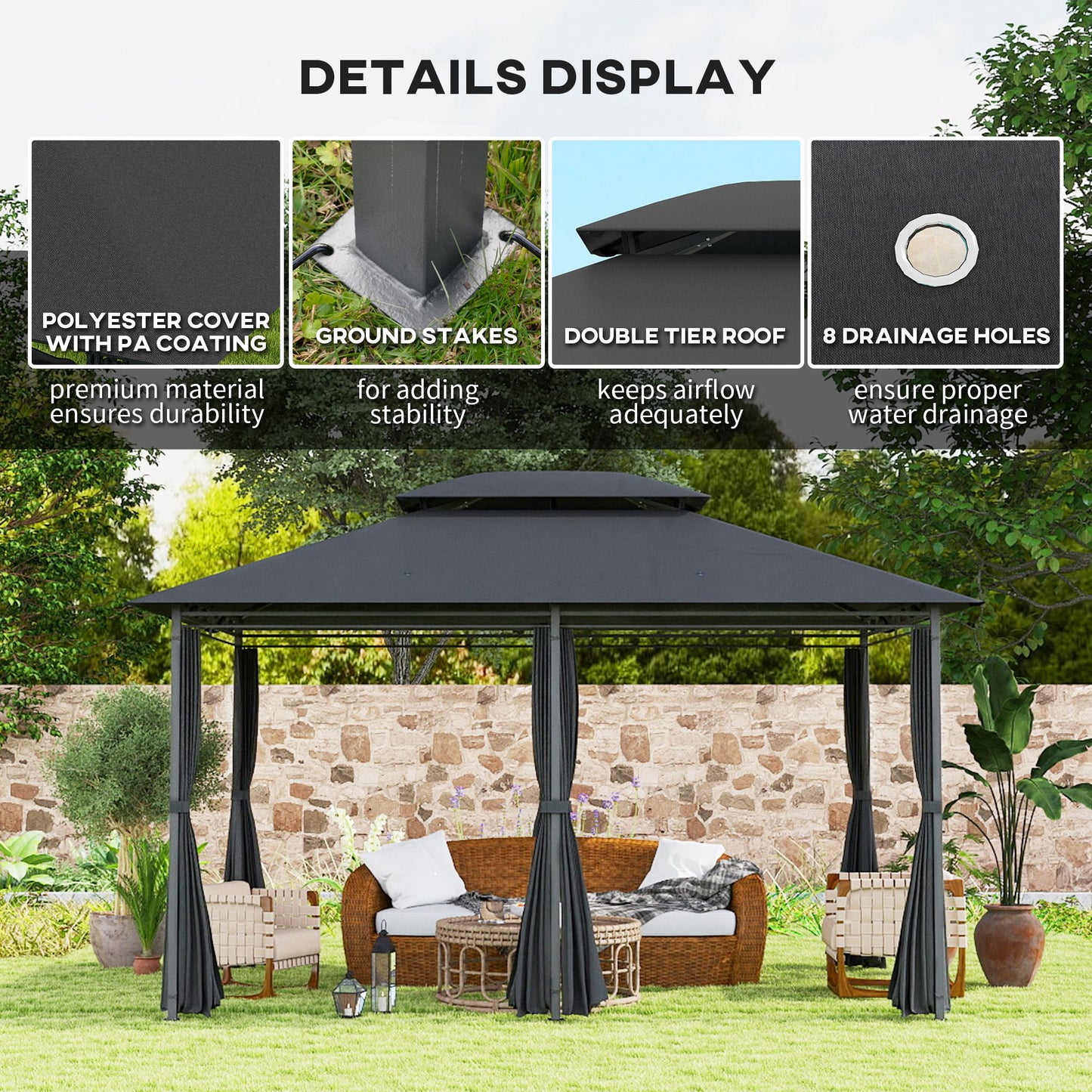 4m x 3(m) Outdoor 2-Tier Steel Frame Gazebo w/ Curtains Outdoor Garden