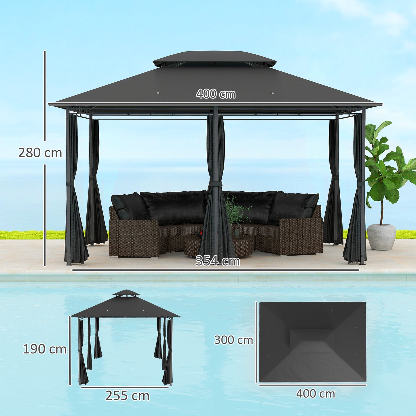 4m x 3(m) Outdoor 2-Tier Steel Frame Gazebo w/ Curtains Outdoor Garden