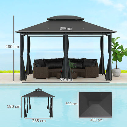 4m x 3(m) Outdoor 2-Tier Steel Frame Gazebo w/ Curtains Outdoor Garden