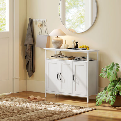Industrial Kitchen Sideboard with Open Shelf & 2 Cabinets, White