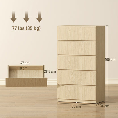 Bedroom Chest of Drawers, 5 Drawers Dresser, Drawer Unit, Natural