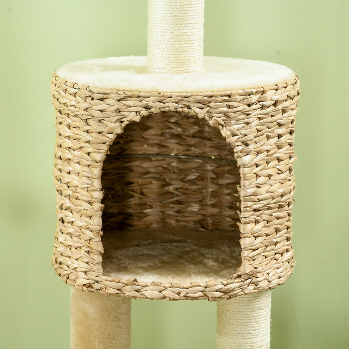 Cat Tree Tower with Scratching Post, Cat House, Bed, Toy Ball, Platform - Beige