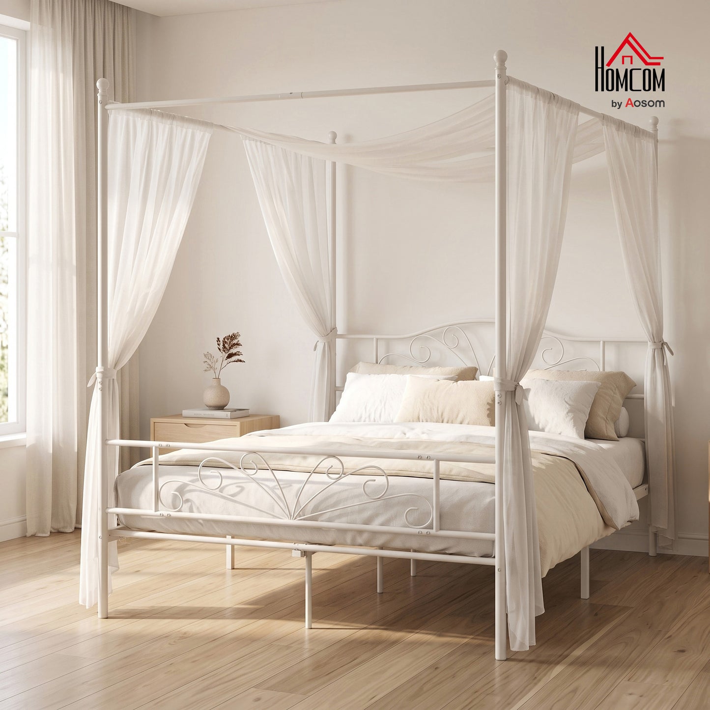 Canopy Bed Frame Double Size, Metal Platform Bed Frame, White