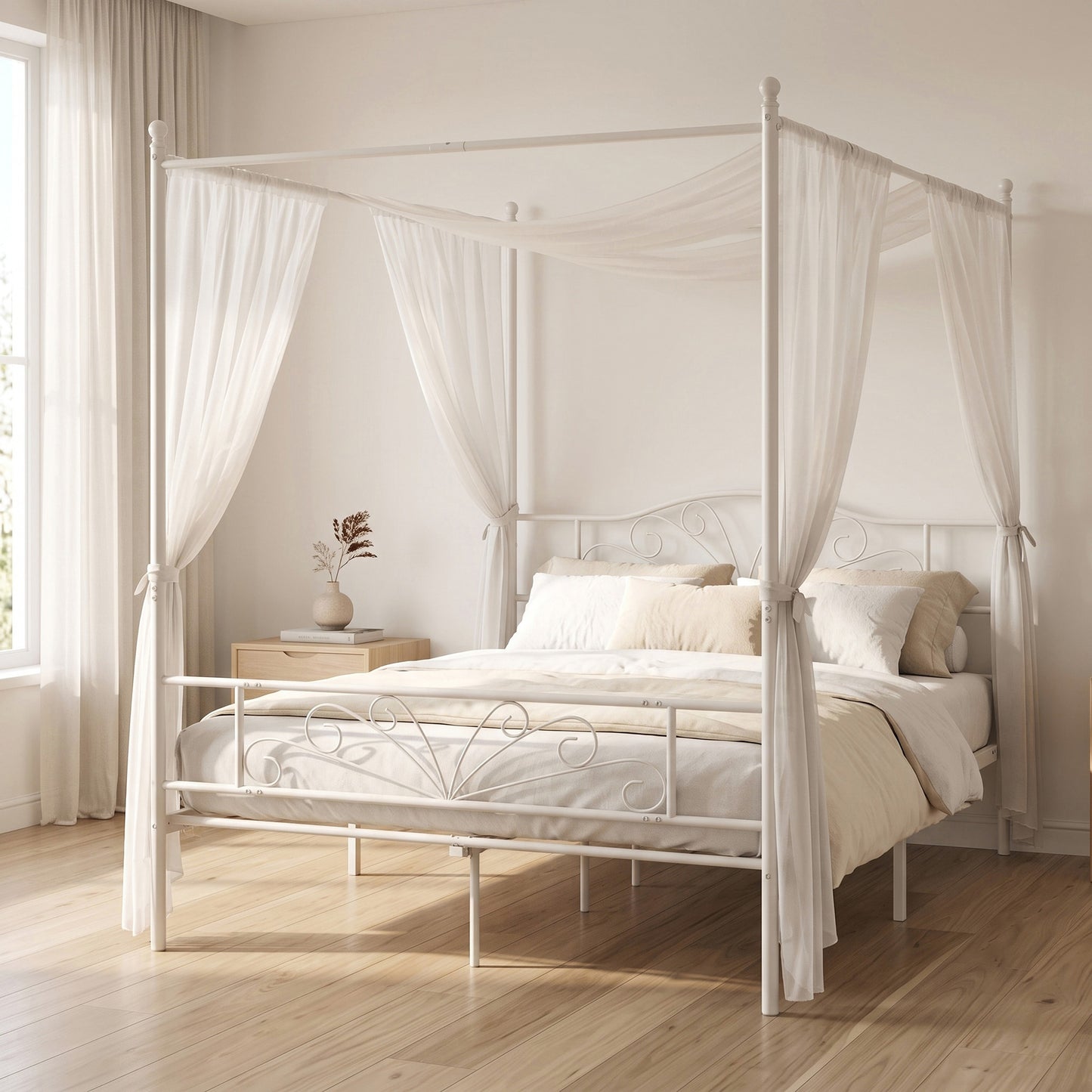 Canopy Bed Frame Double Size, Metal Platform Bed Frame, White