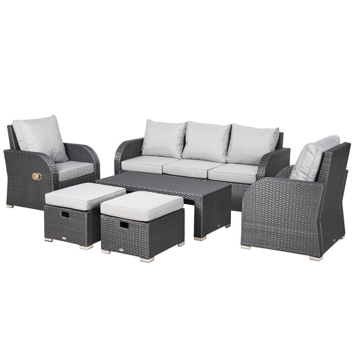 7-Seater Rattan Garden Furniture w/ Coffee Table Footstool Space-saving Patio Wicker Weave Reclining Chair Set, Light Grey