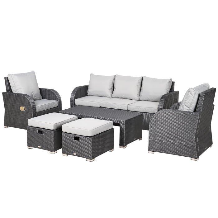 7-Seater Rattan Garden Furniture w/ Coffee Table Footstool Space-saving Patio Wicker Weave Reclining Chair Set, Grey