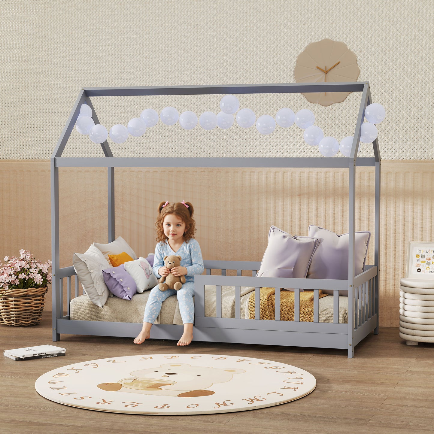 House-Shaped Kids Bed Frame with Guard Rails for Boys Girls, Grey