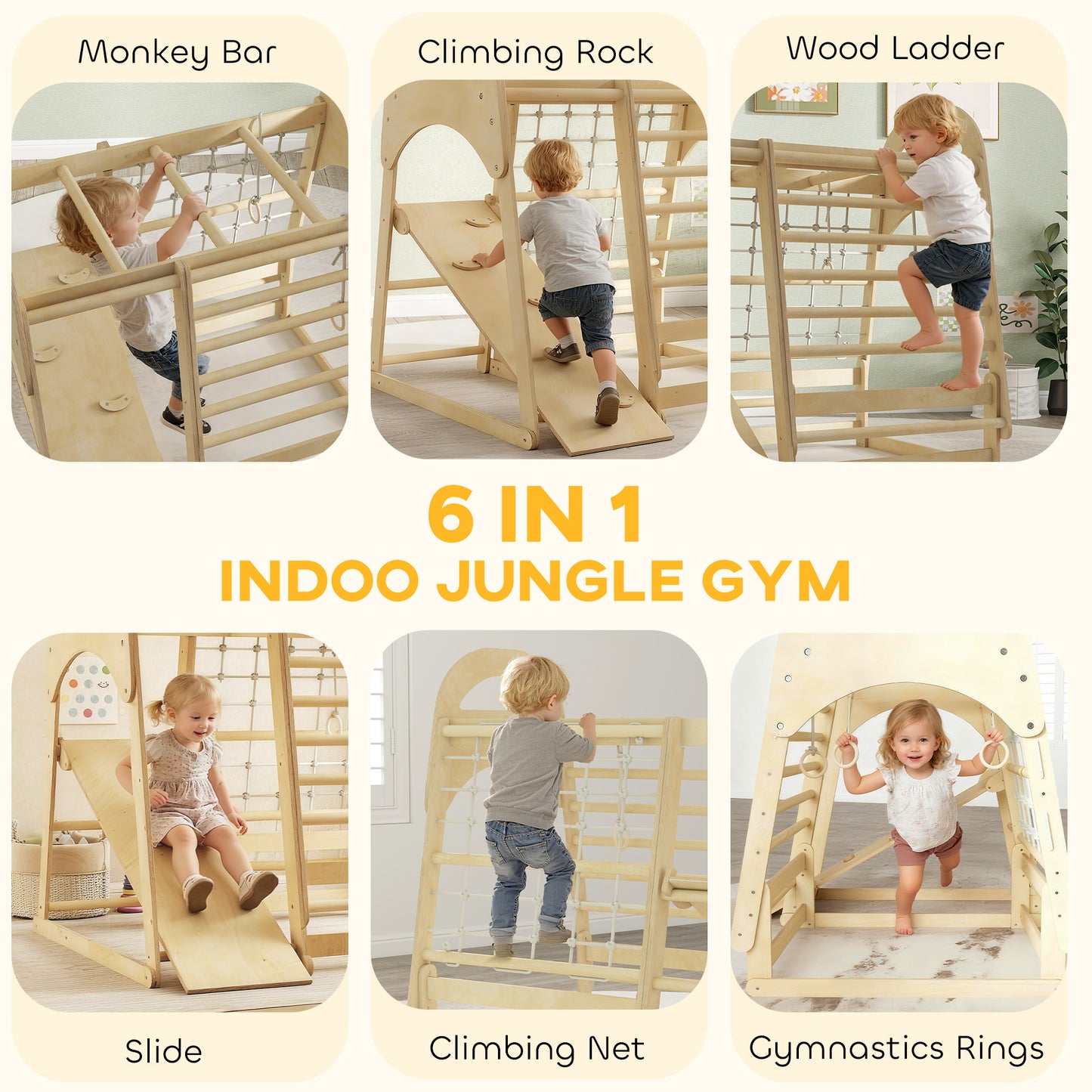 6 in 1 Kids Climbing Frame with Slide, Monkey Bars, Ladder