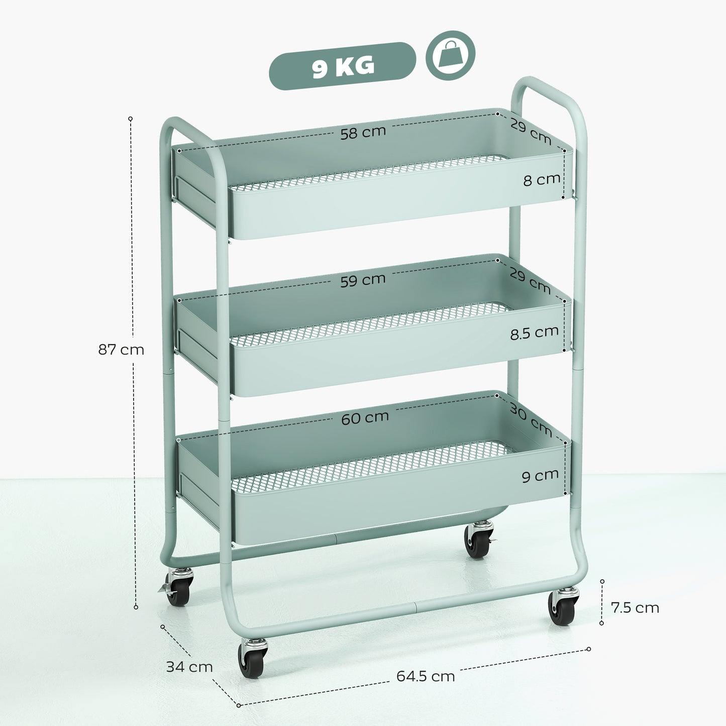 3-Tier Storage Trolley, Storage Cart with Mesh Backets, Wheels
