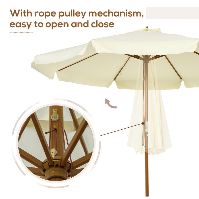 3.3(m) Patio Umbrella, Garden Parasol, Outdoor Sun Shade Canopy with 8 Bamboo Ribs, Ruffles and Wood Pole, Beige