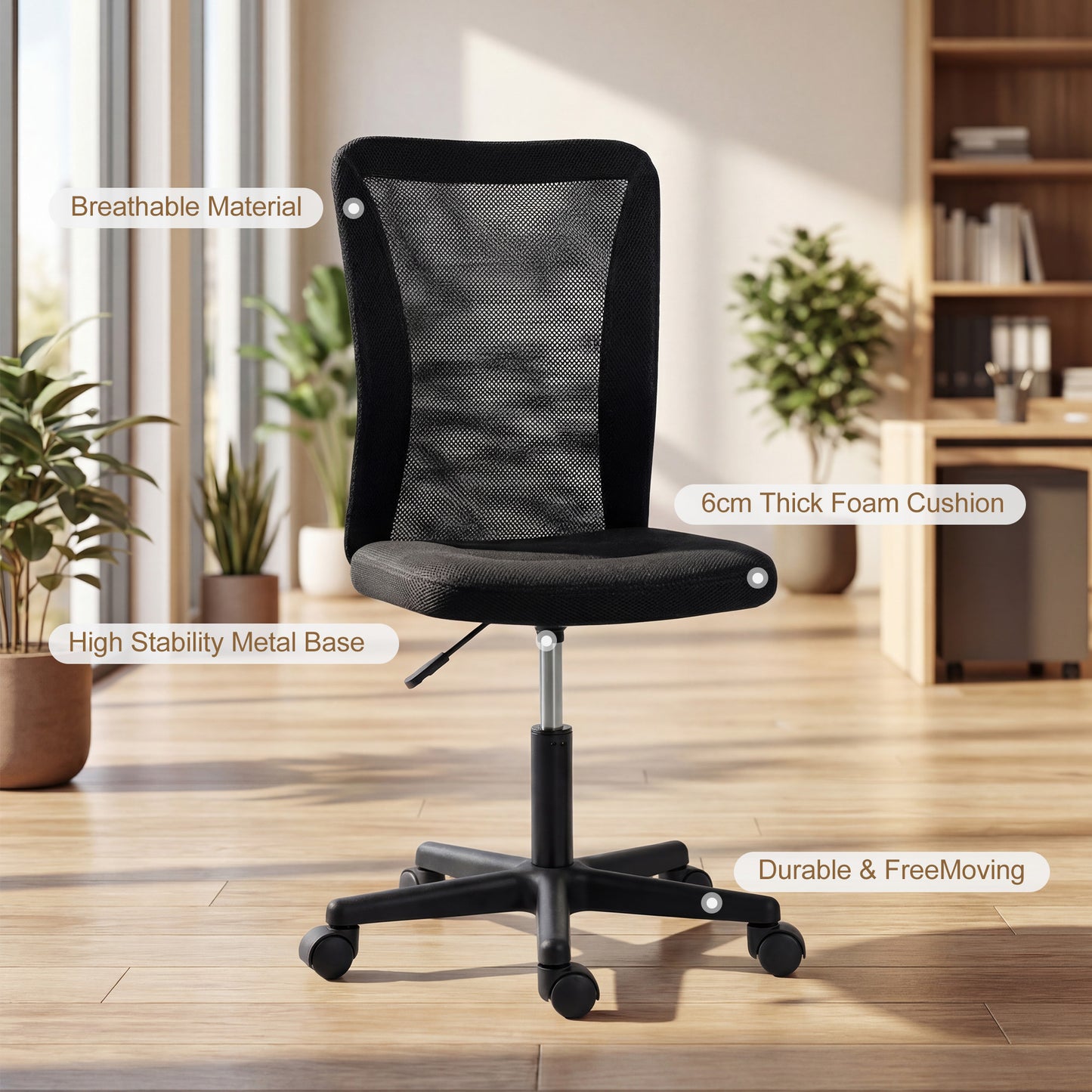 Vinsetto Armless Office Chair, Swivel Desk Chair w/ Adjustable Height, Black