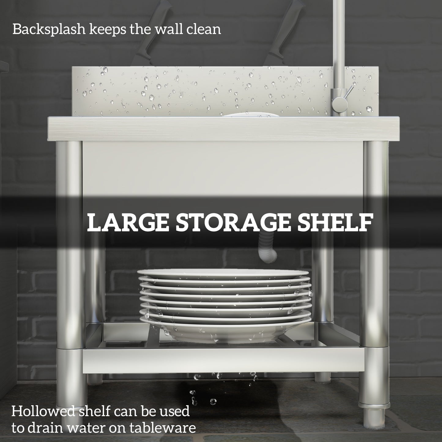 Stainless Steel Utility Sink with Cold and Hot Water Pipe Silver Tone