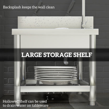 Stainless Steel Utility Sink with Cold and Hot Water Pipe Silver Tone