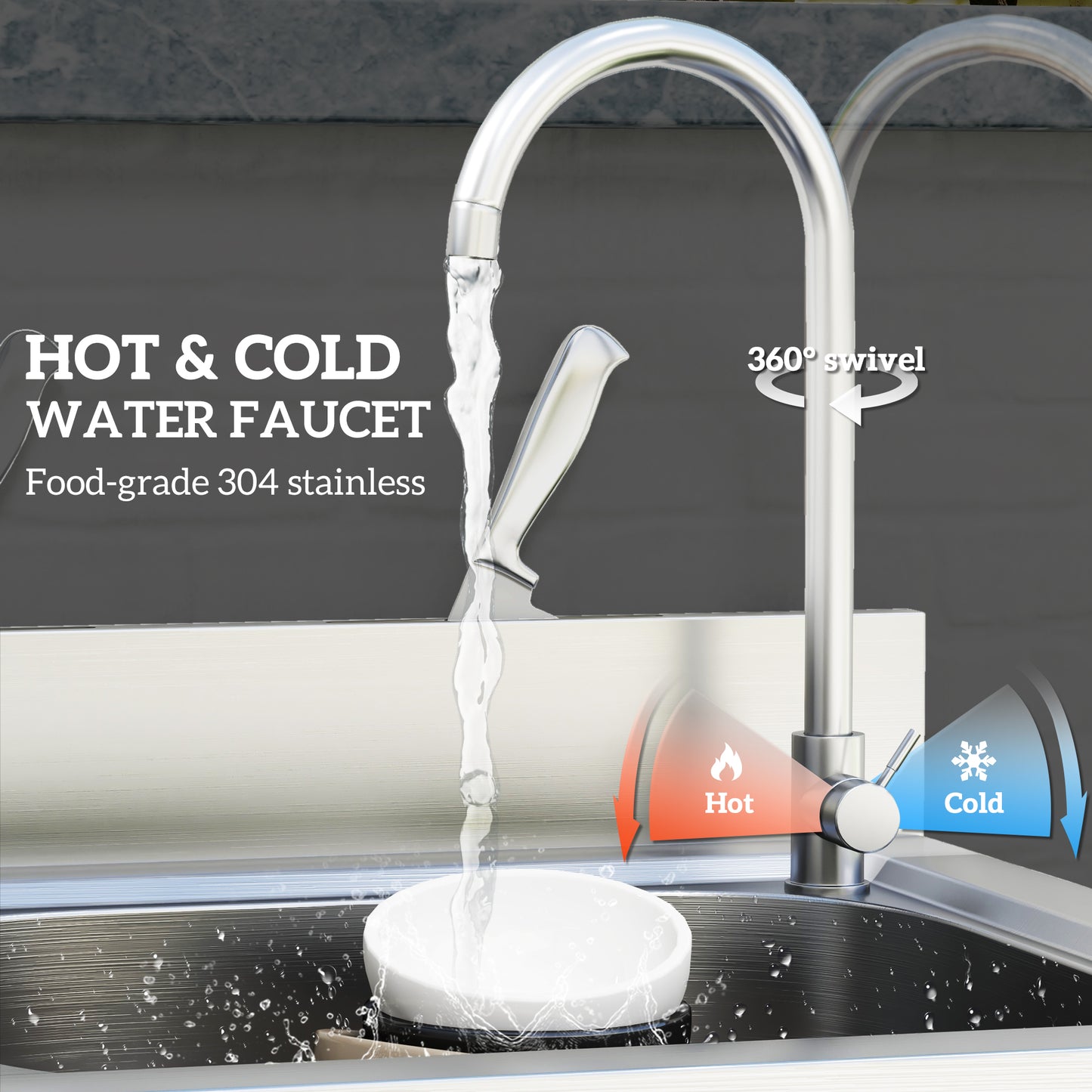 Stainless Steel Utility Sink with Cold and Hot Water Pipe Silver Tone