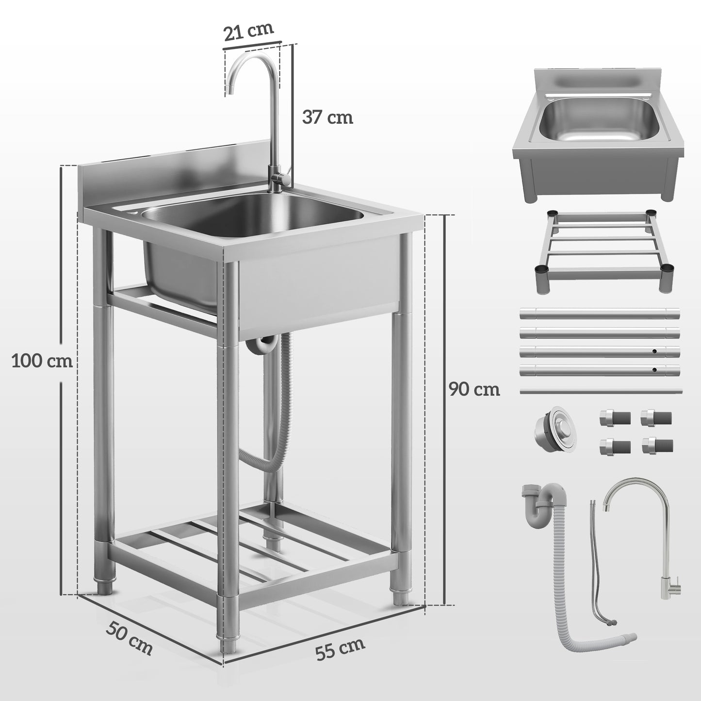 Stainless Steel Utility Sink with Cold and Hot Water Pipe Silver Tone