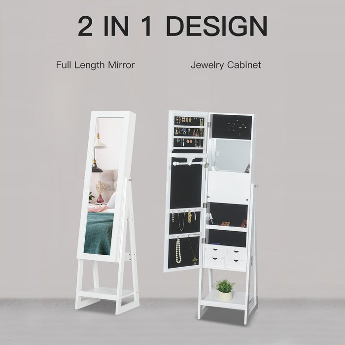 LED Jewelry Cabinet Storage Armoire w/ 2 Mirrors Drawers Hooks Shelves Make-Up Vanity Dresser Adjustable Bedroom Home White