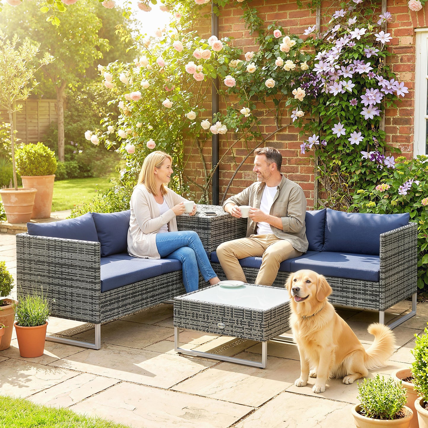 Rattan Garden Furniture Set with Storage Table, Cushions, Dark Blue