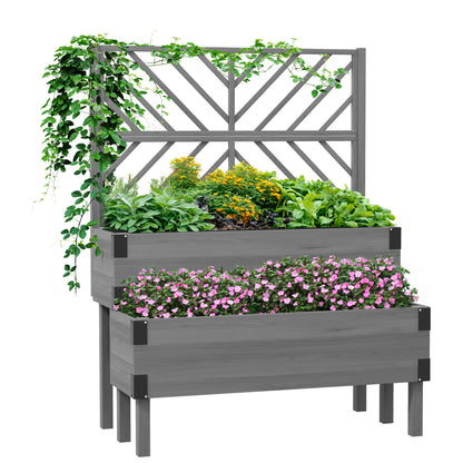 2-Tier Wooden Raised Bed with Trellis, Elevated Garden Planter