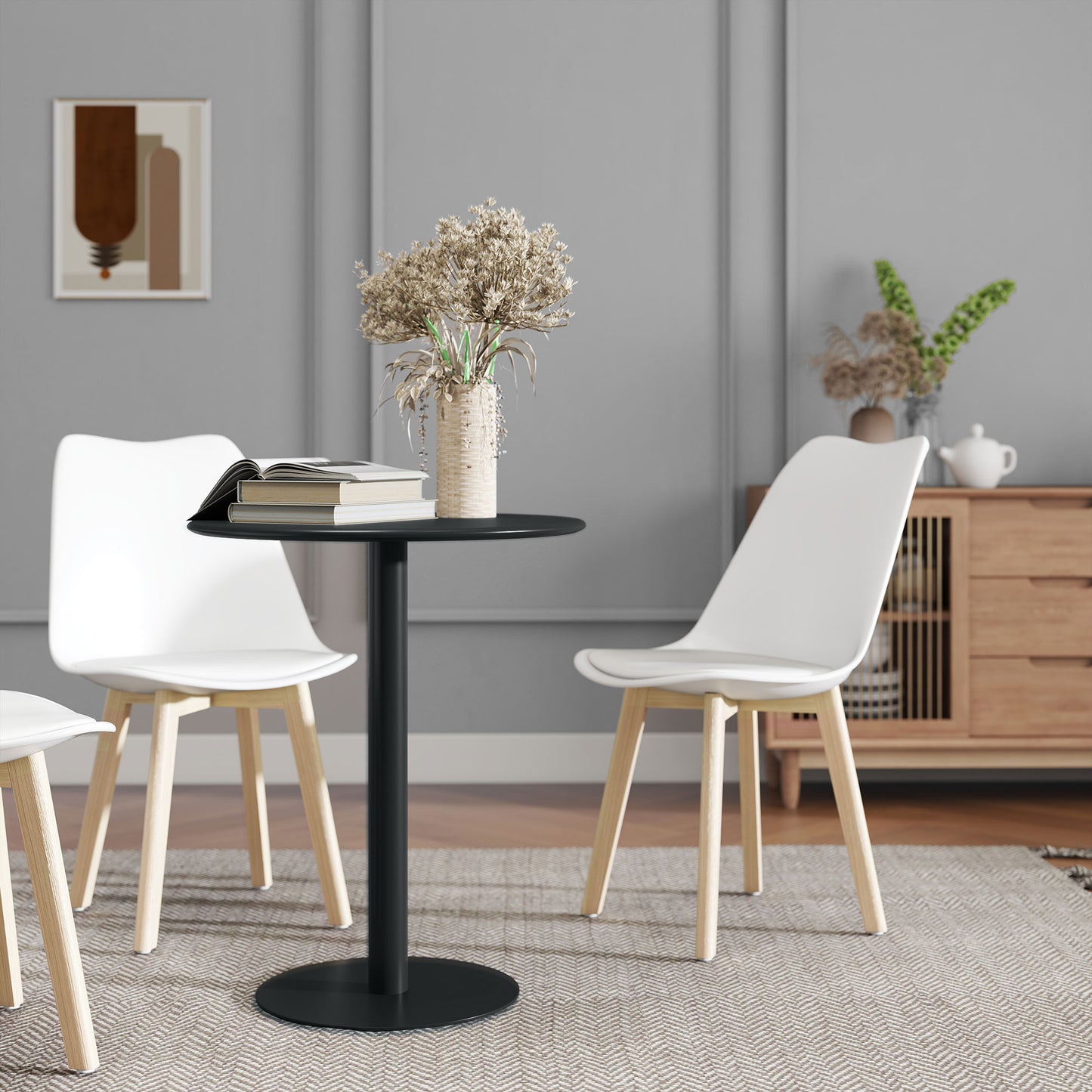 Dining Table, 60 cm Round Kitchen Table for 2 with Steel Base, Black