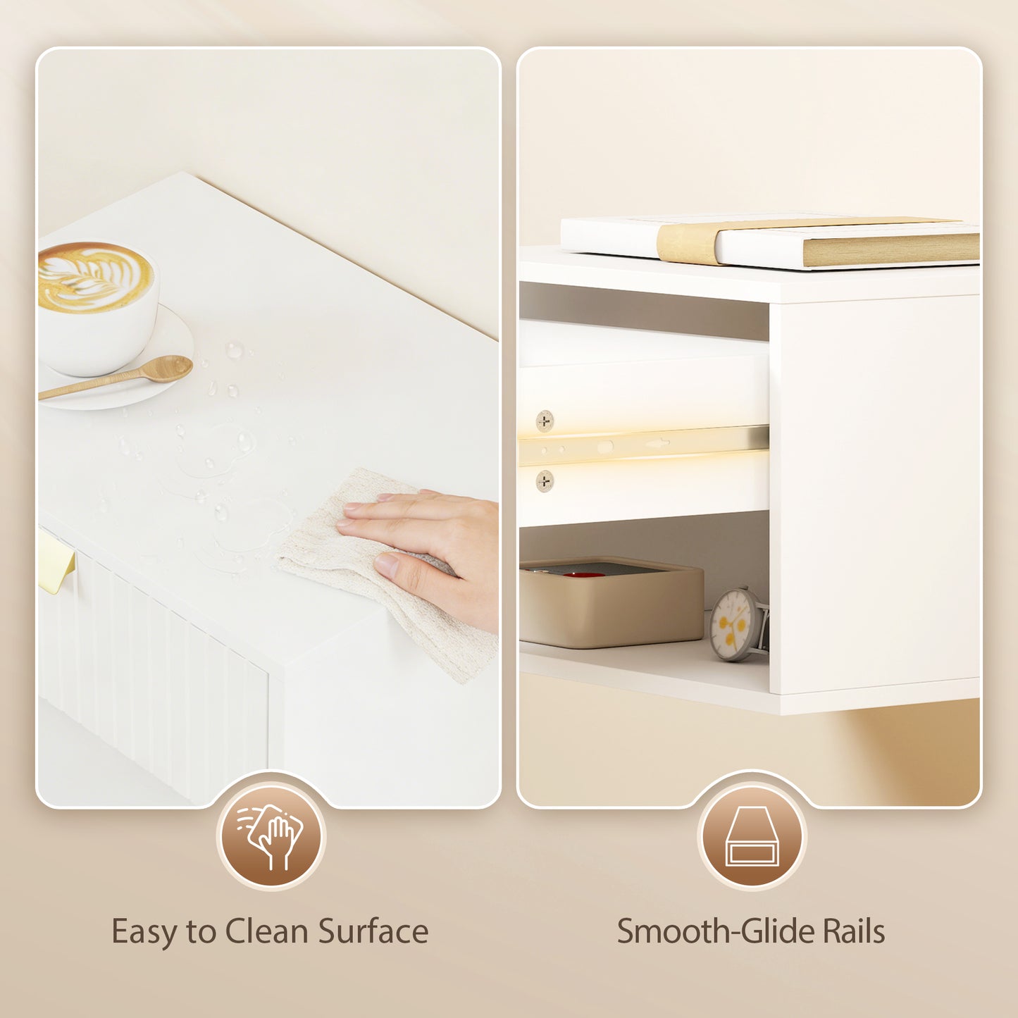 Floating Bedside Tables Set of 2 with Fluted Drawer Open Shelf White