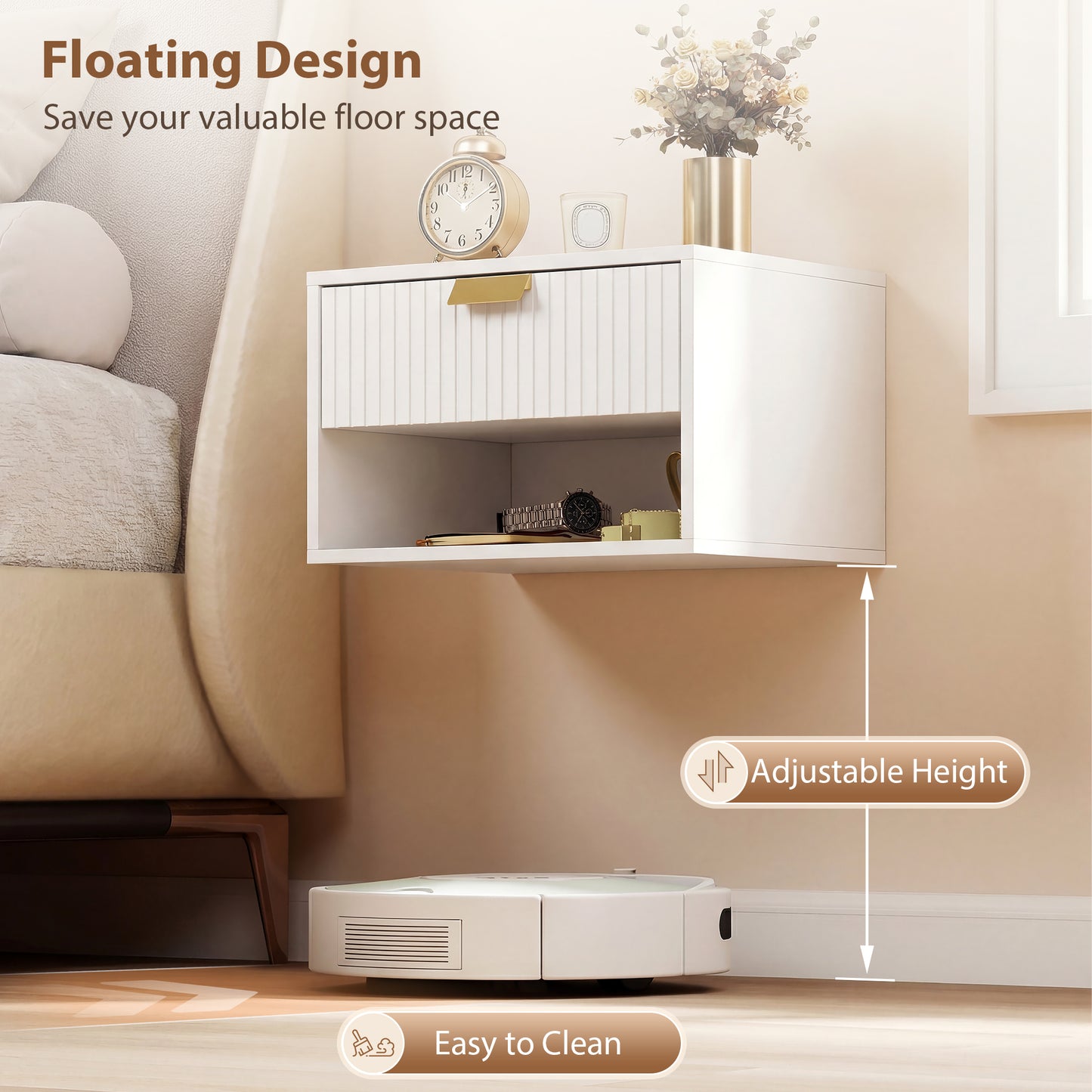Floating Bedside Tables Set of 2 with Fluted Drawer Open Shelf White