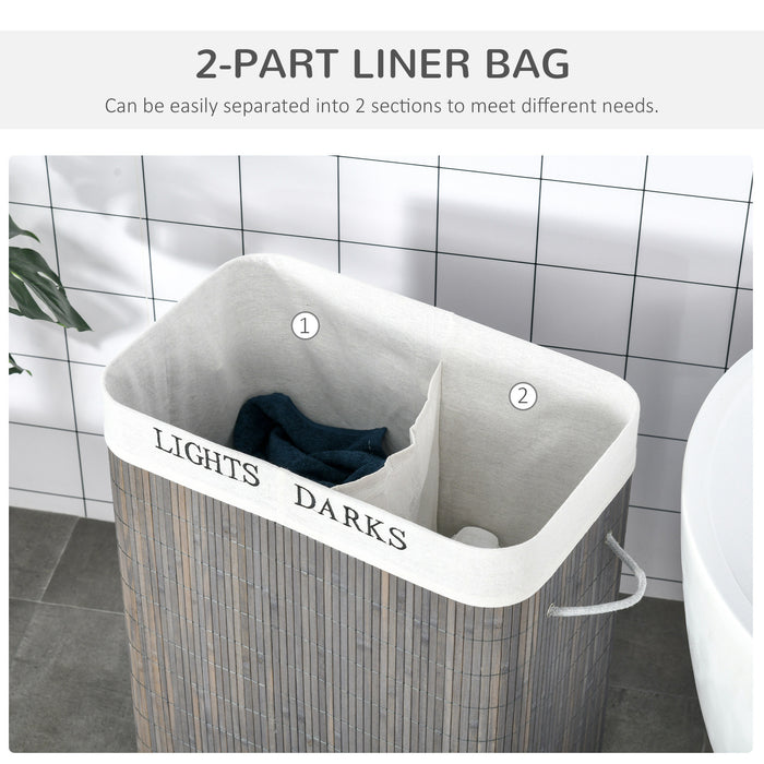 100L Laundry Basket with Flip Lid String Handles, 2 Section Collapsible Hamper Removable Lining Foldable Water-Resistant Dirty Clothes Storage
