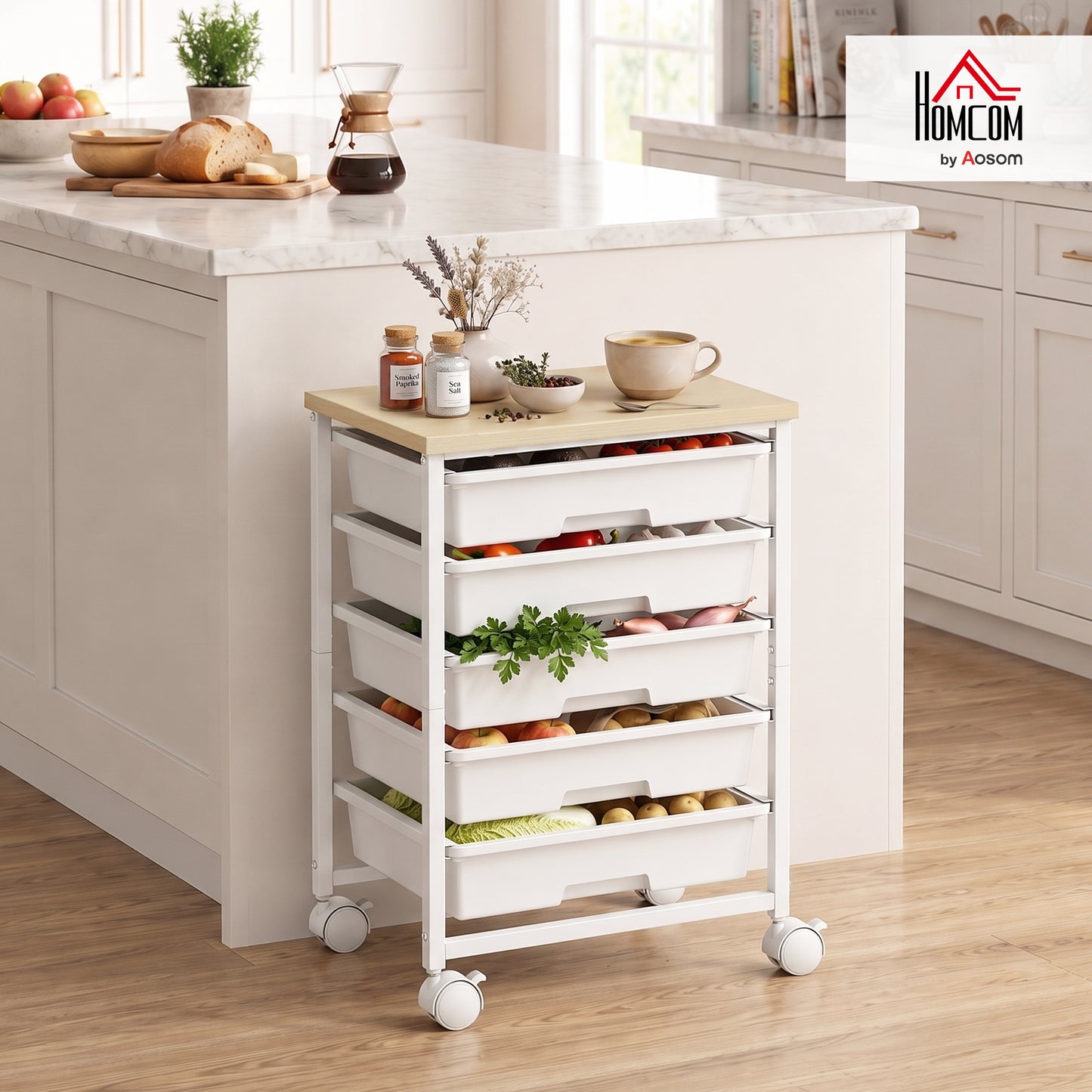 6-Tier Storage Trolley on Wheels with 5 Pull-Out Drawers, White